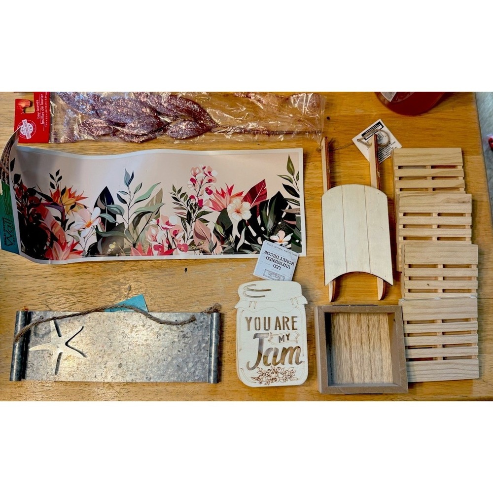 DIY Craft Supplies Lot Wood Blanks Adhesive Cork Sheets Seasonal Decor Bundle